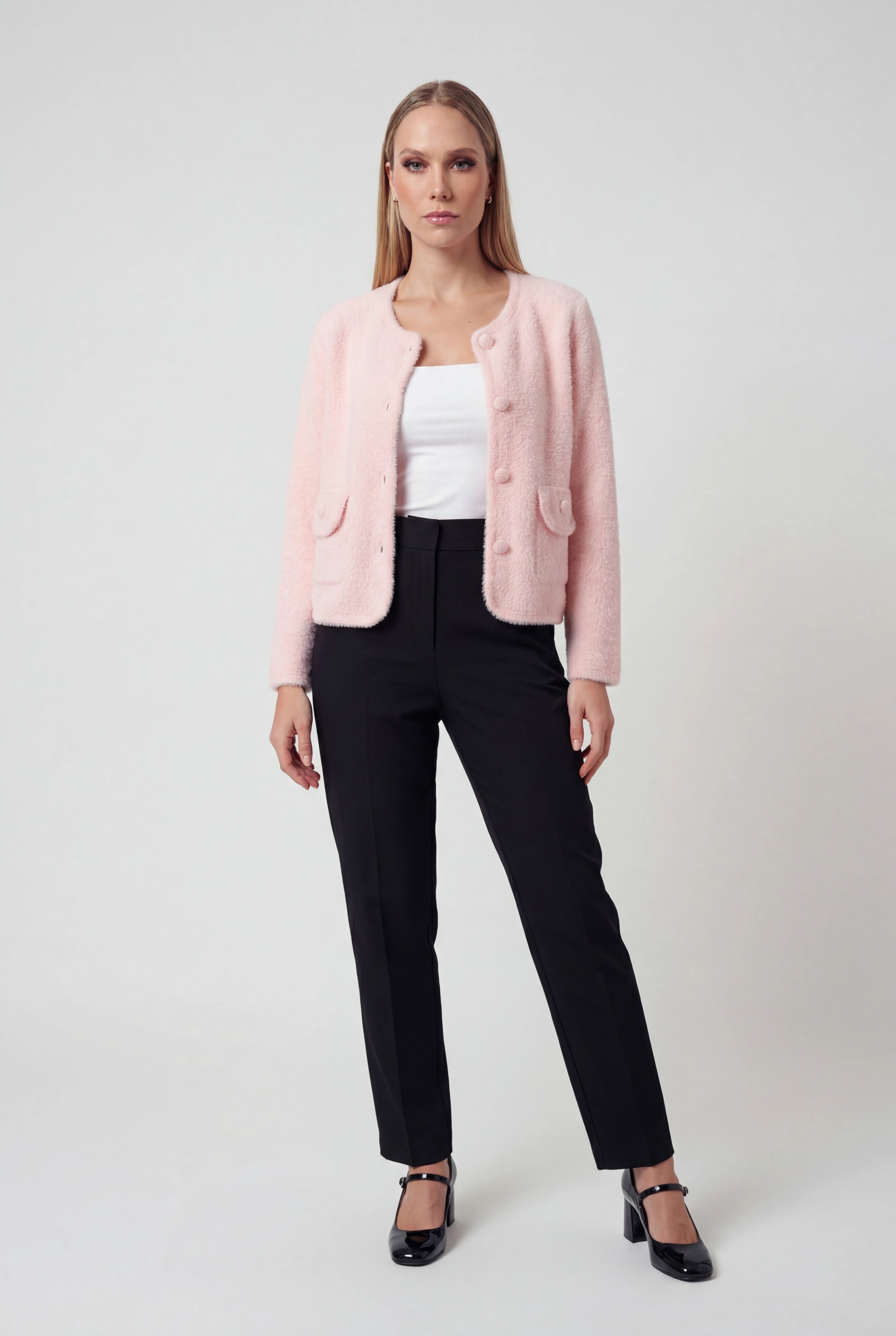 Women's Pink Knitted Long Sleeve Cardigan with O-Neck