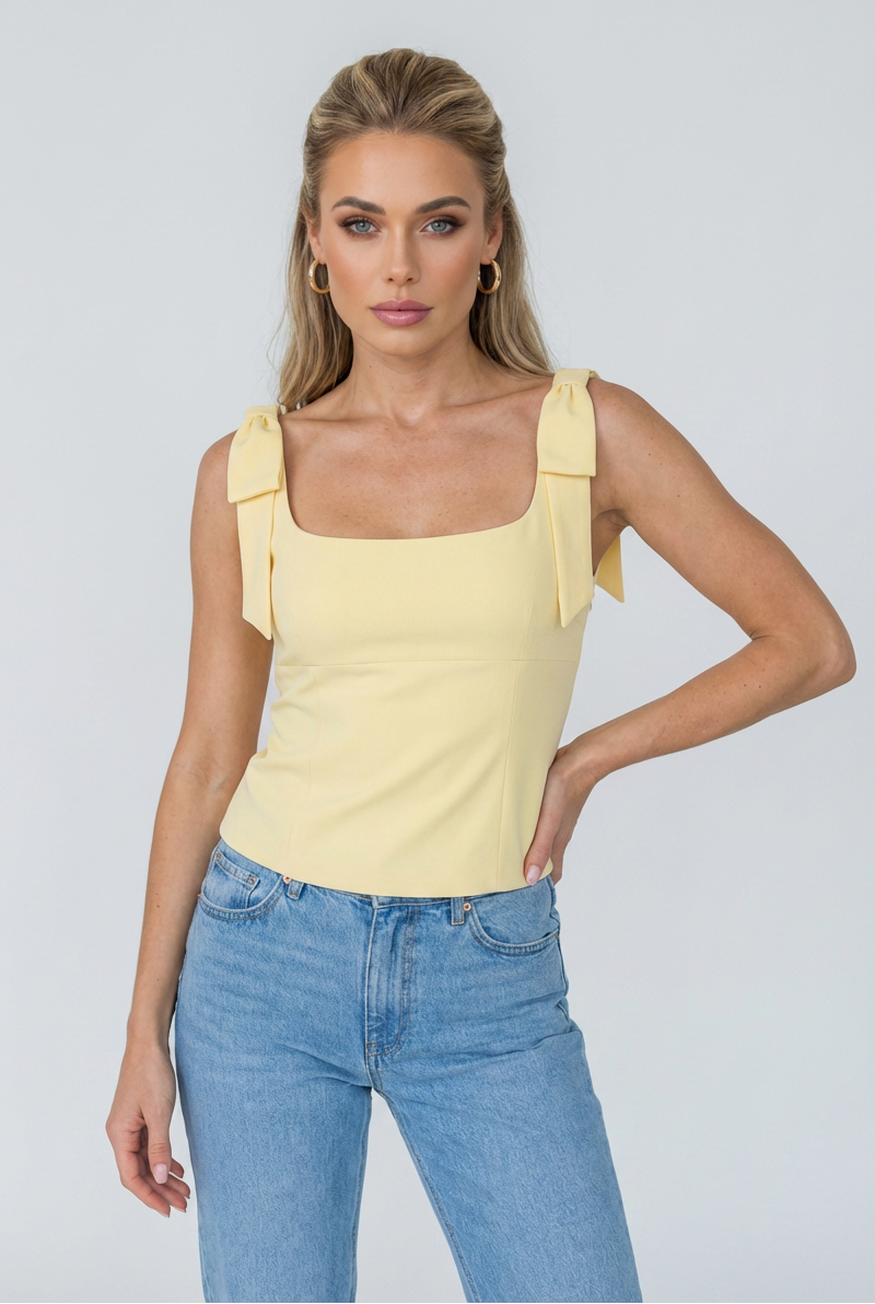 Women's Slim Fit Yellow Cami Top with Bow Detail - Sleeveless & Lightweight
