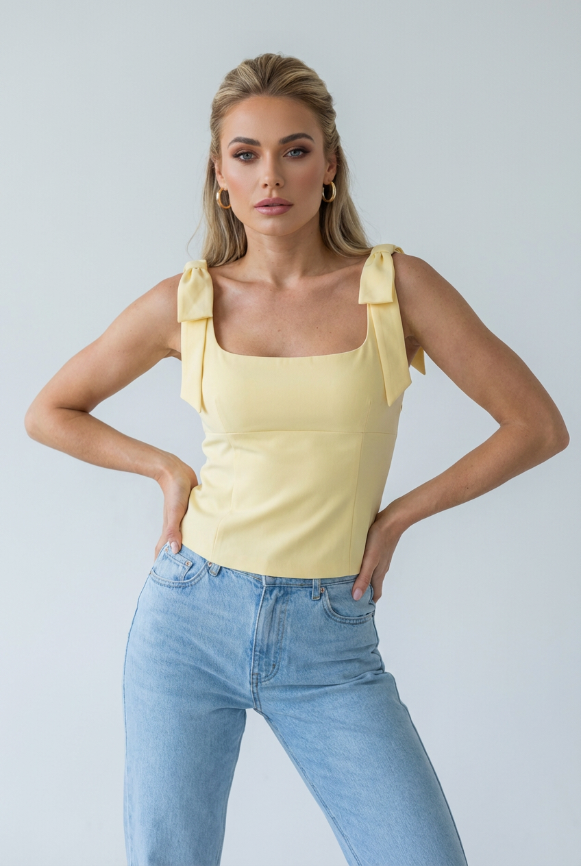Women's Slim Fit Yellow Cami Top with Bow Detail - Sleeveless & Lightweight