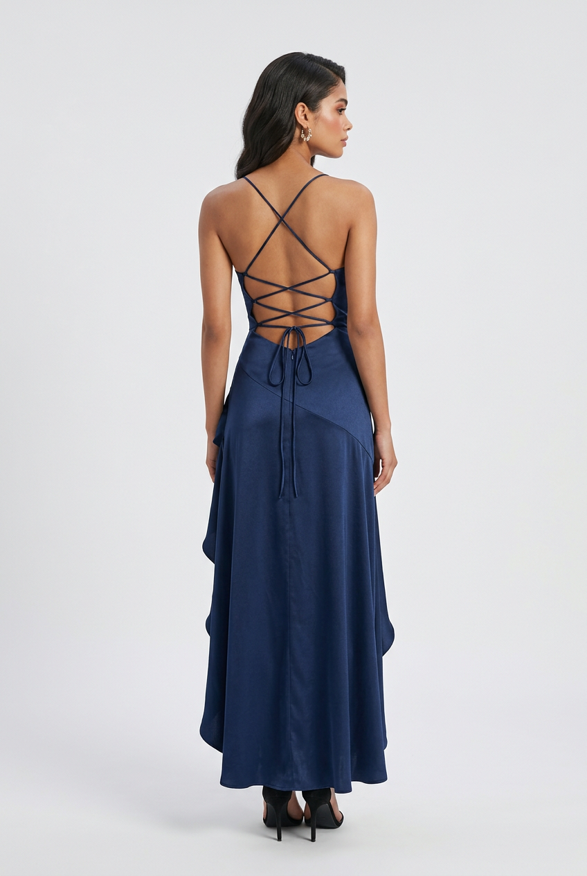 Navy Blue Maxi Dress with Lace-Up Open Back