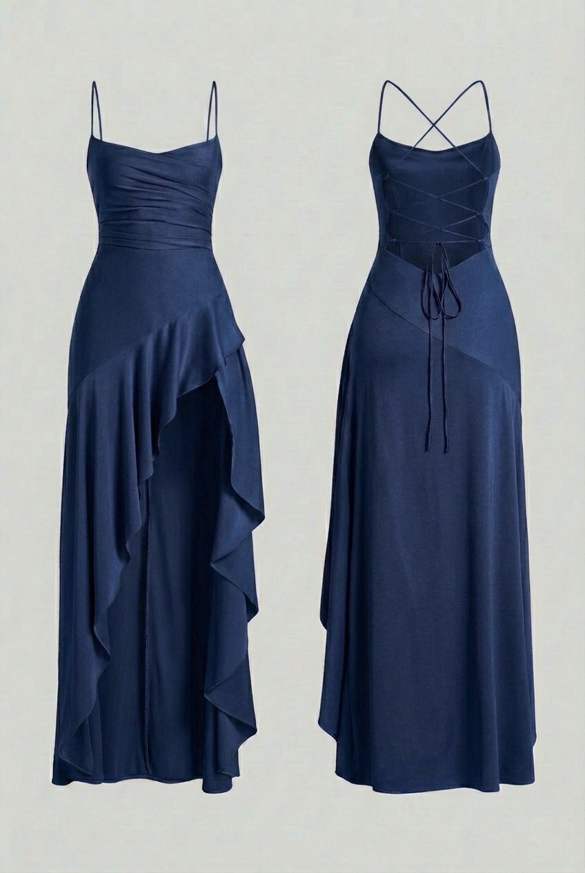 Navy Blue Maxi Dress with Lace-Up Open Back