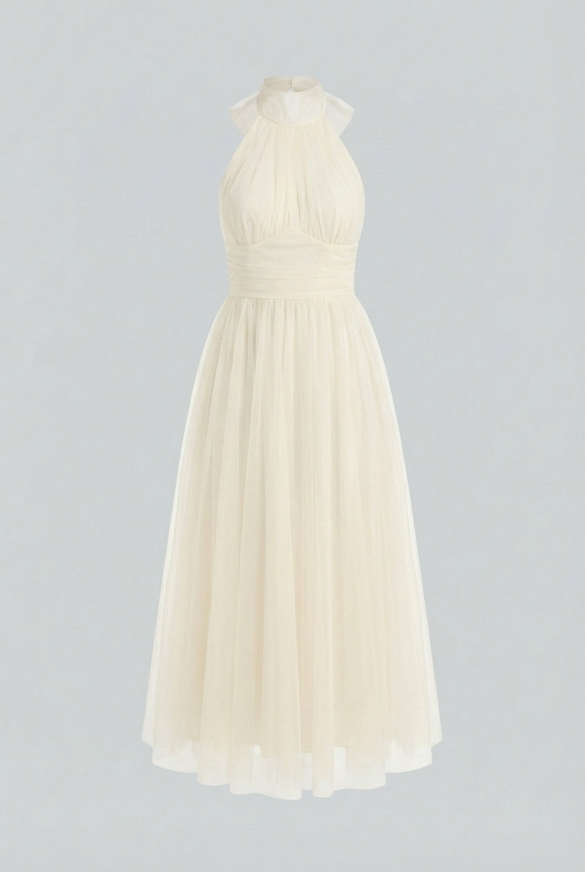 Cream High Neck Midi Dress