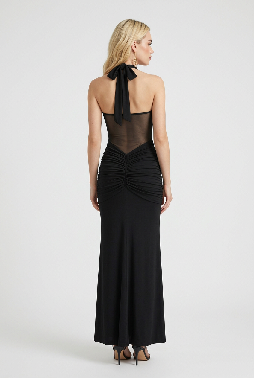 Black Halter Maxi Dress with Sculpted Silhouette