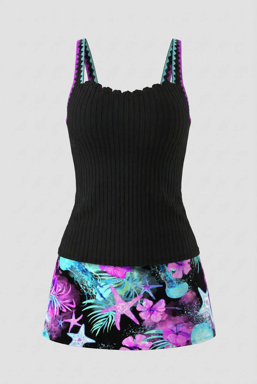 Tropical Starfish Ribbed Tankini Set – Black & Neon Purple Swimsuit with Skirt