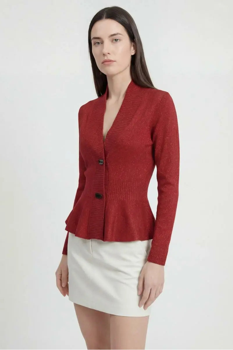 Women's Slim Burgundy V-Neck Cardigan
