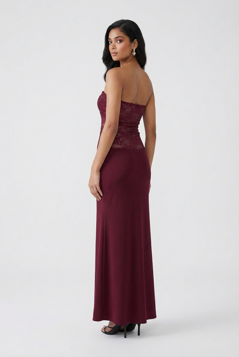 Wine Red Strapless Lace Dress - Mermaid Formal Evening Wear