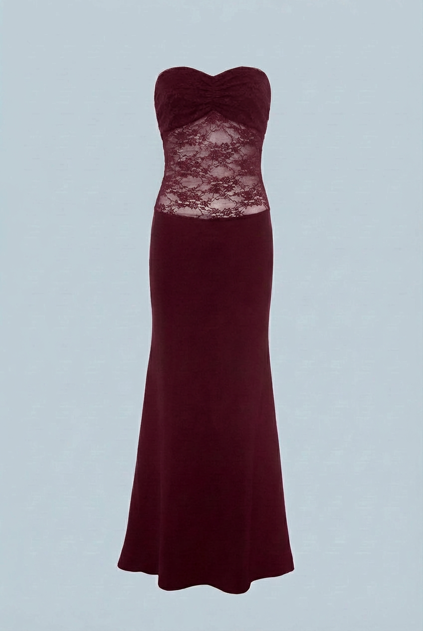 Women's Wine Red Lace Mermaid Strapless Formal Evening Prom Gown Dress
