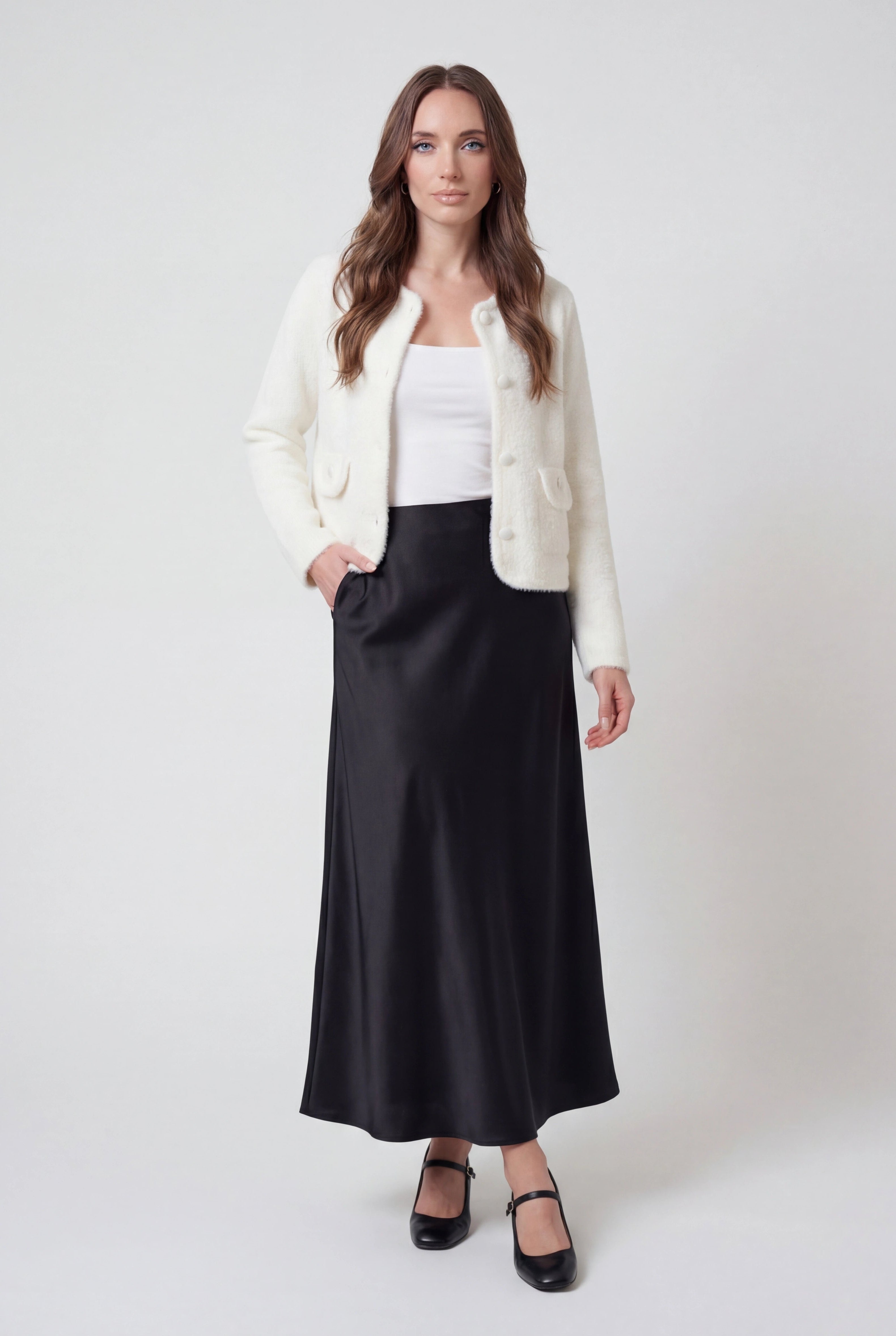 Women's White Knitted Round Neck Cardigan, Long Sleeves