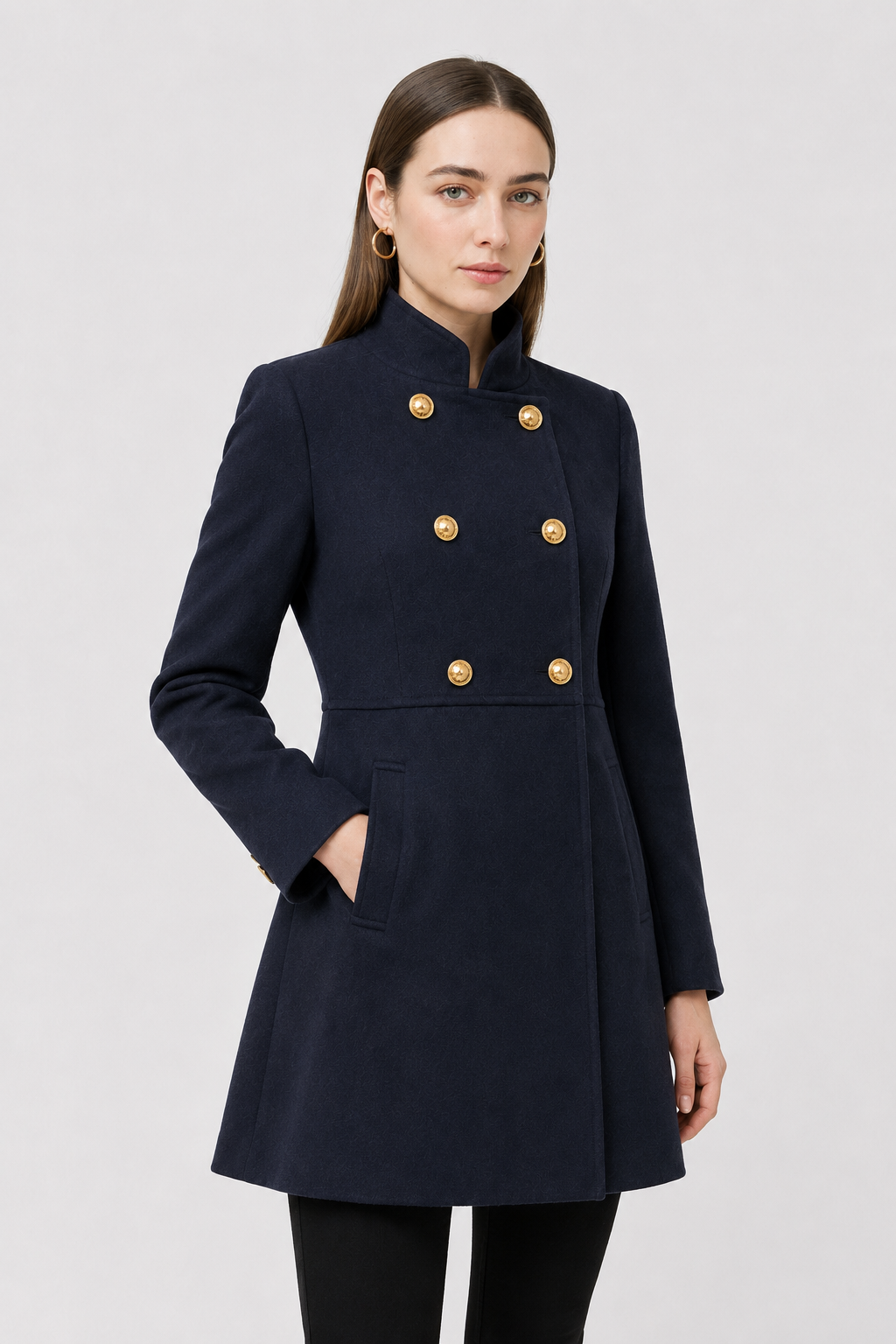 Women's Navy Blue Double-Breasted Winter Coat