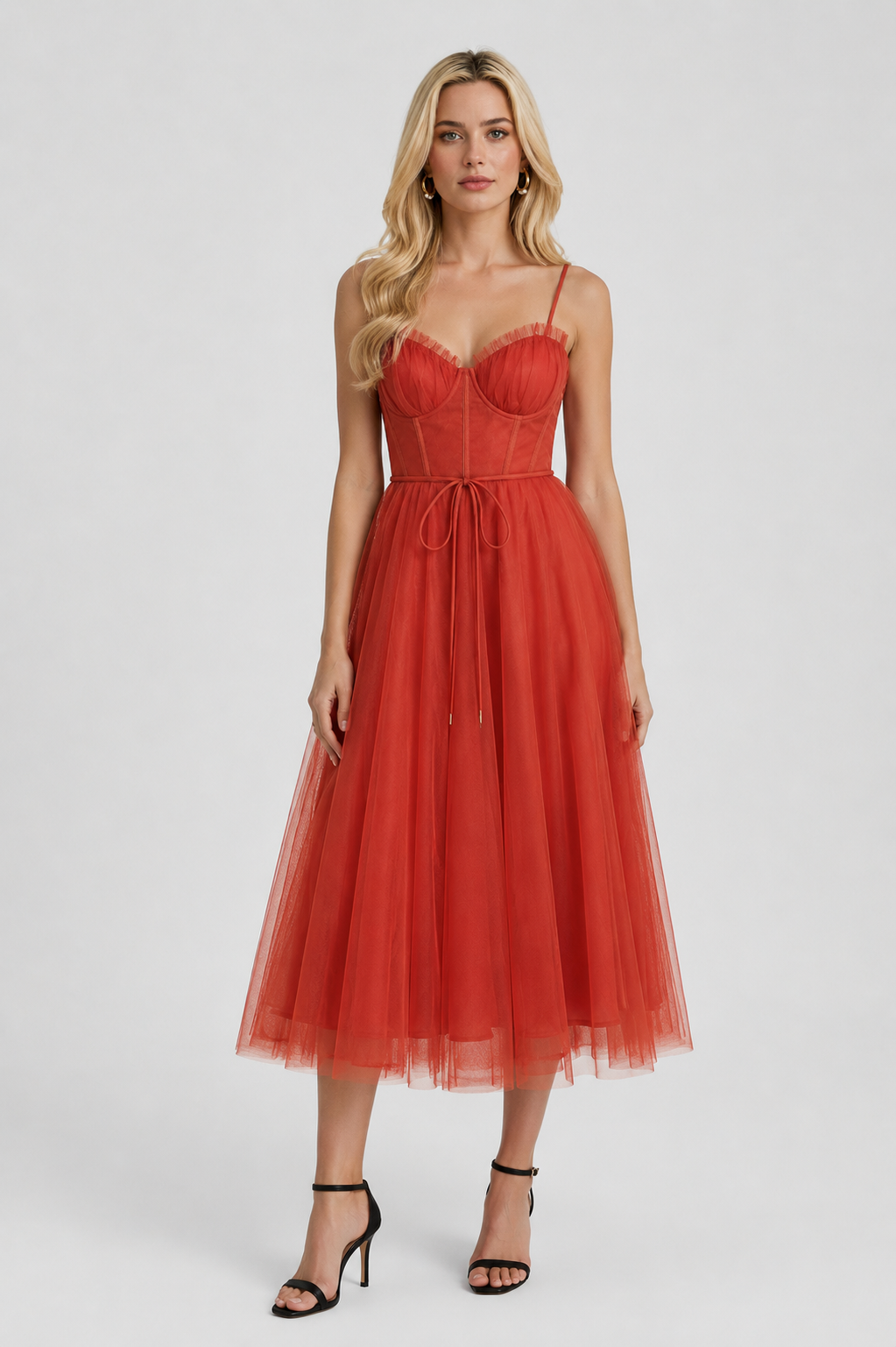Women's Rust Chiffon Midi Dress with Corset Bodice & Ruffle Trim - Premium Quality, Fast Shipping