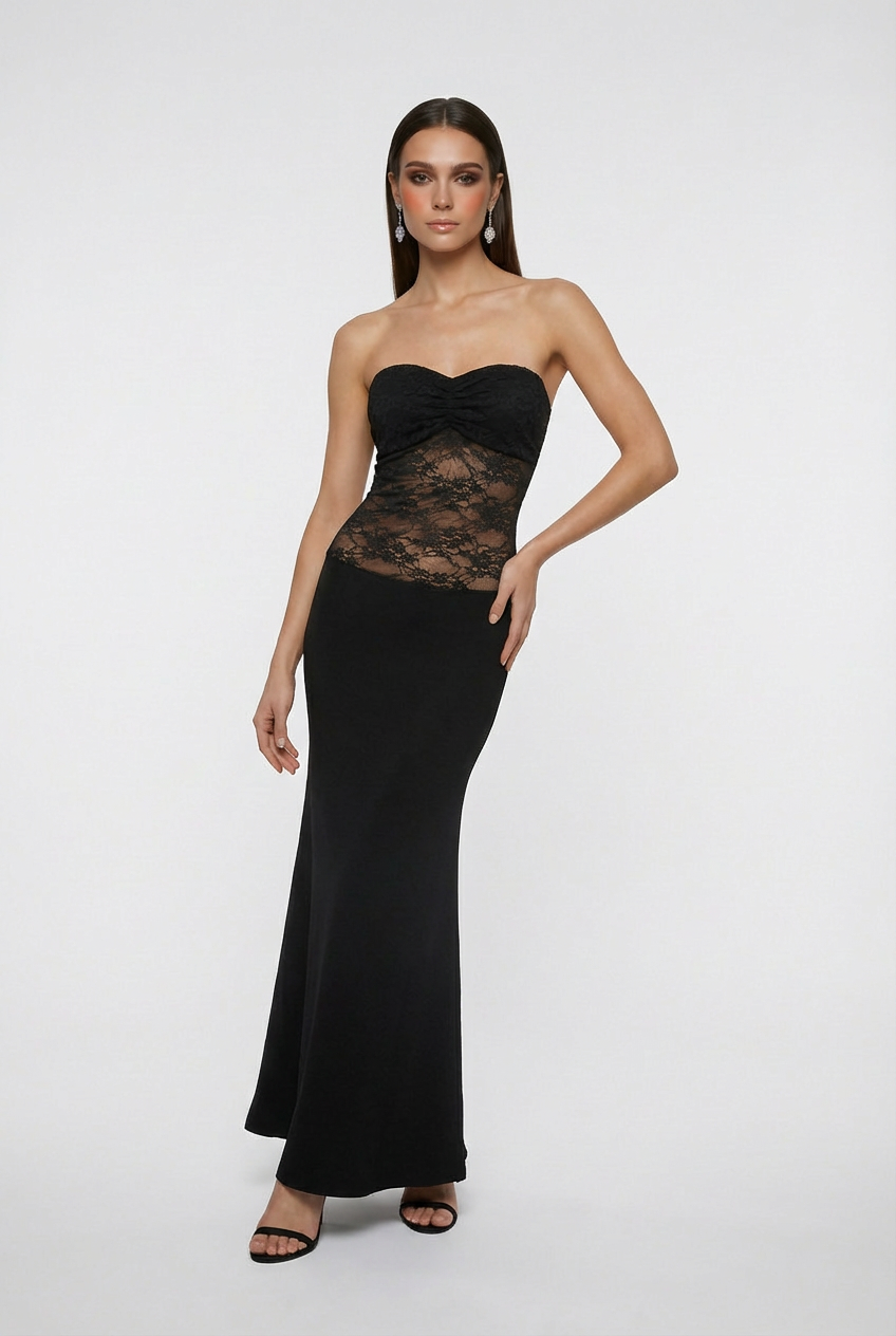 Women's Black Strapless Dress – Sophisticated Sheer Lace Evening Dress