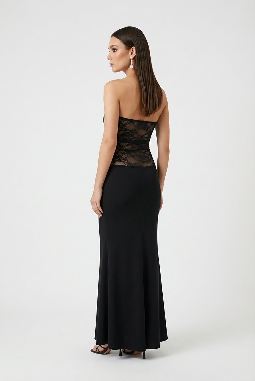 Women's Black Strapless Dress – Sophisticated Sheer Lace Evening Dress