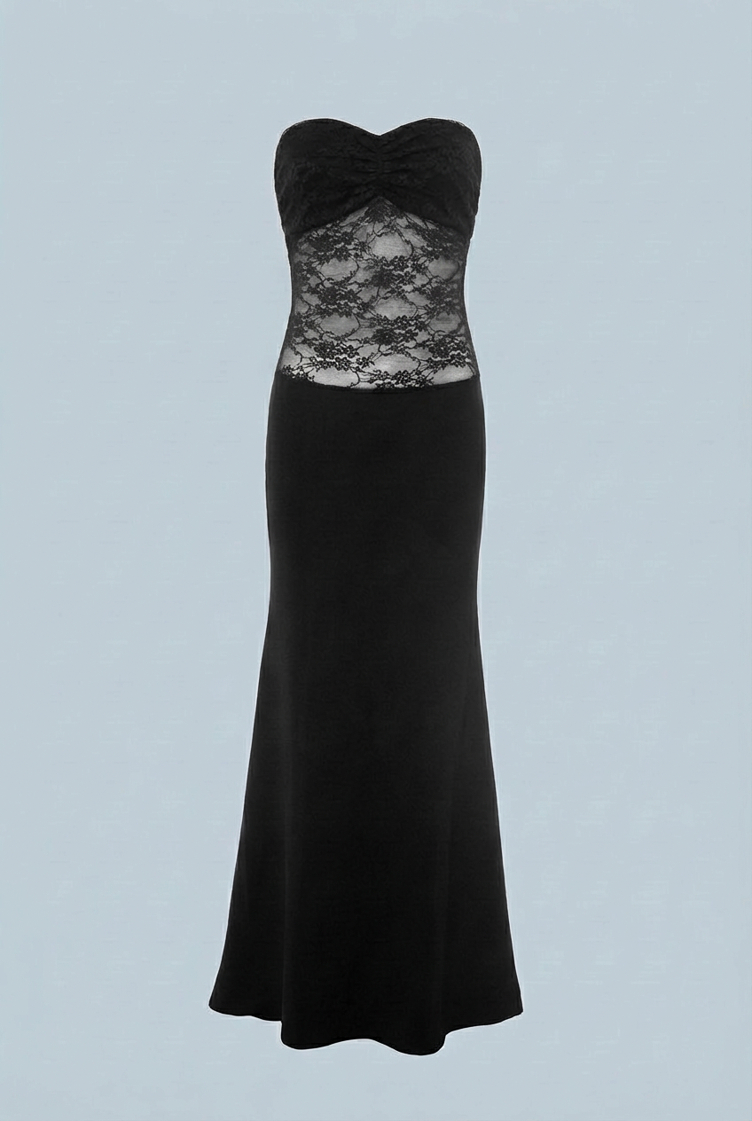 Women's Black Strapless Dress – Sophisticated Sheer Lace Evening Dress