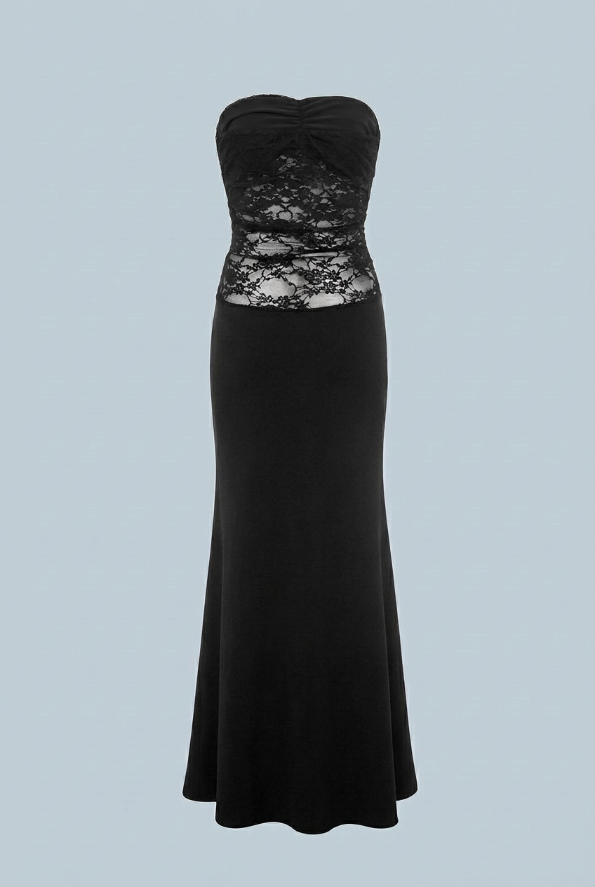 Women's Black Strapless Dress – Sophisticated Sheer Lace Evening Dress