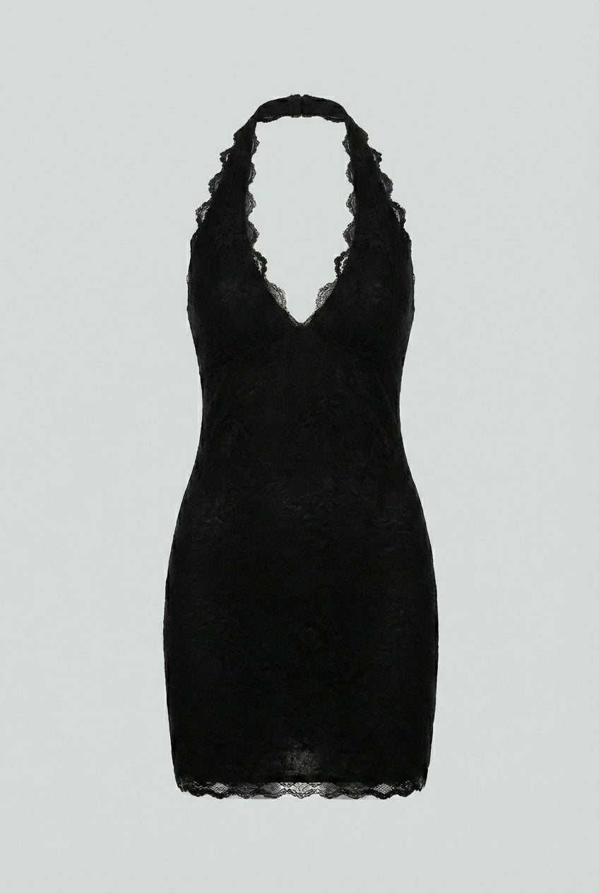 Women's Dresses : Women's Black Floral Lace Mini Dress - Short Sleeve, Bodycon Fit in Black van Vanda Liamo