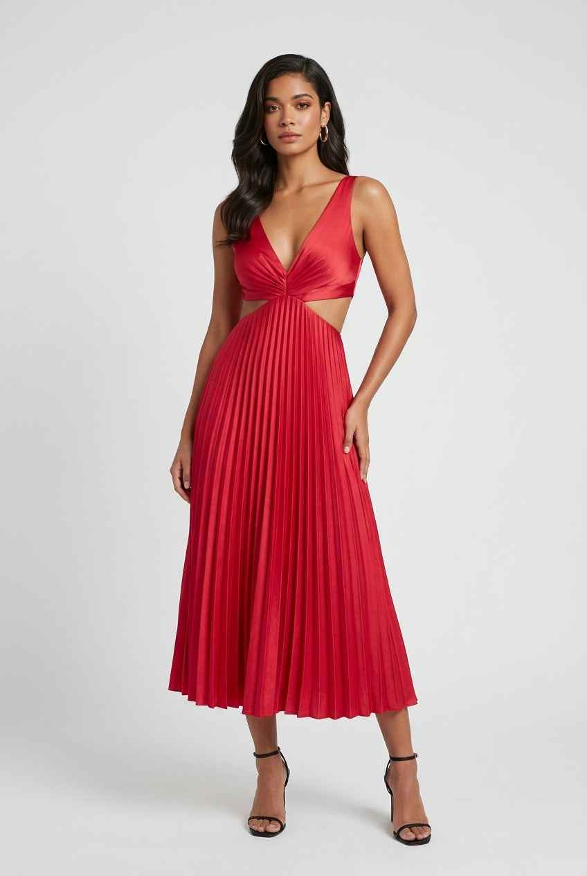 Women’s Bold Red Pleated Dress – Striking Elegance for Memorable Nights