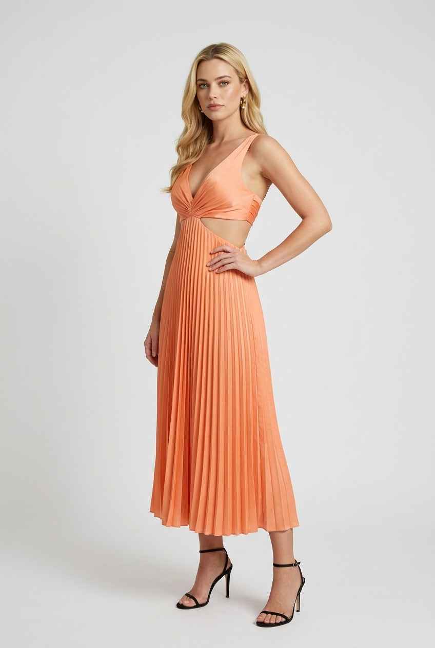 Women’s Vibrant Orange Pleated Dress – Energetic Elegance in Motion