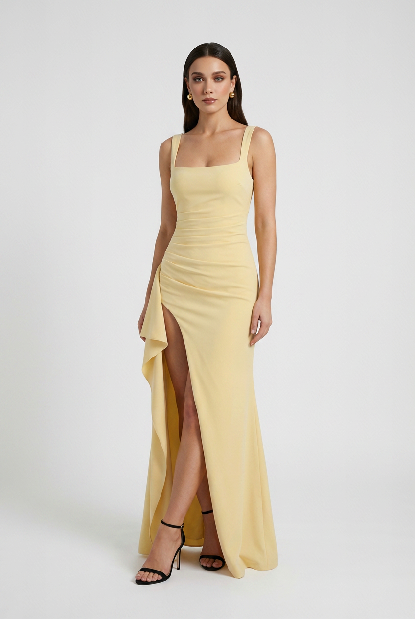 Yellow Slit Dress - Chic Square Neck Evening Style