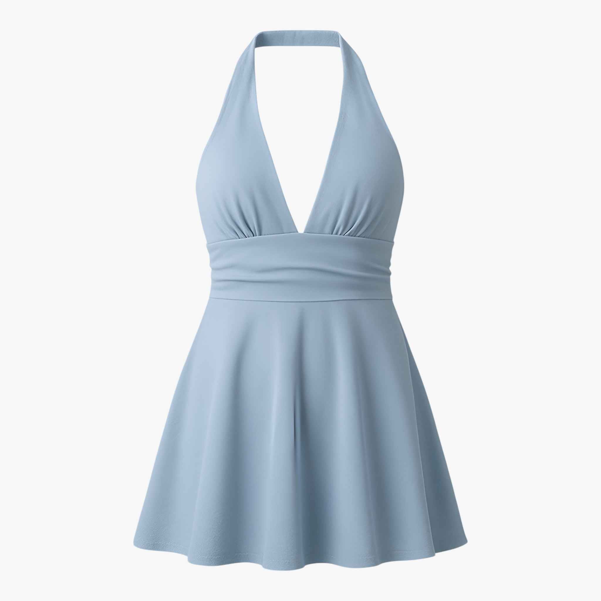 Damesjurken : Maria | Zomerjurk Dames Halter Rugloos Mini Dress - Blauw in Blauw van Vanda Liamo