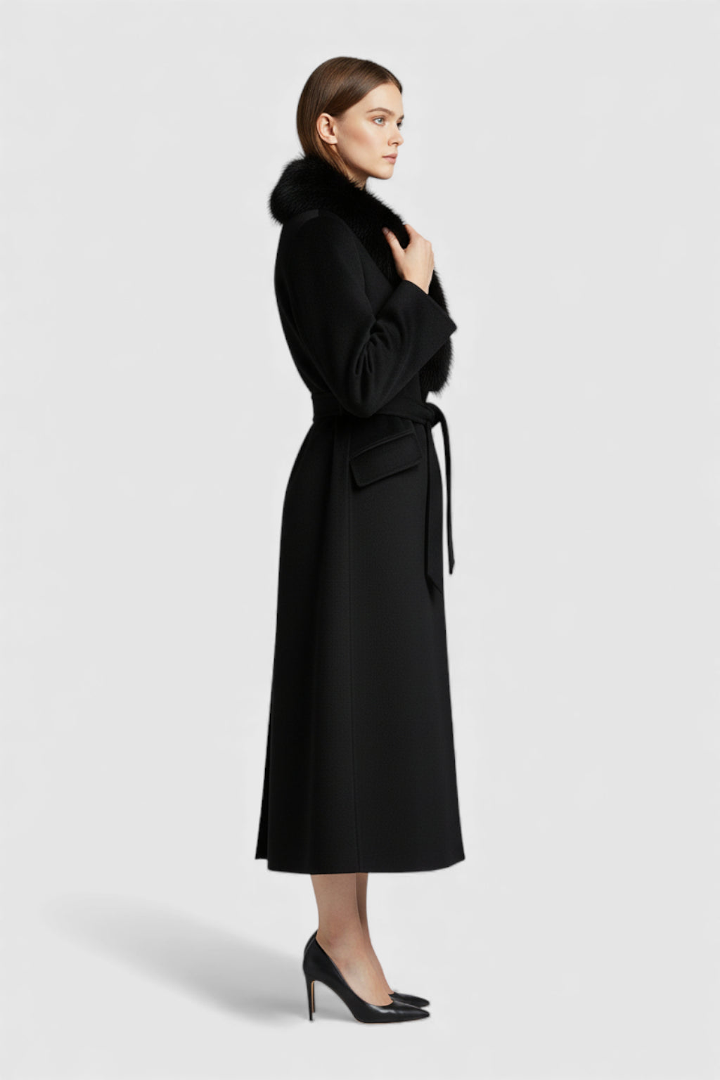 Dames Lange Zwart Wollen Jas met Bontkraag