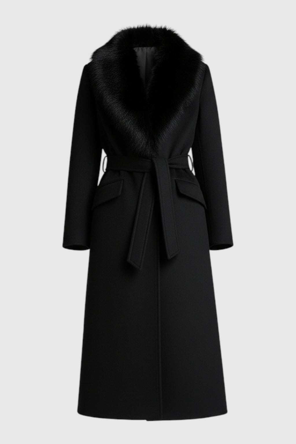 Dames Lange Zwart Wollen Jas met Bontkraag
