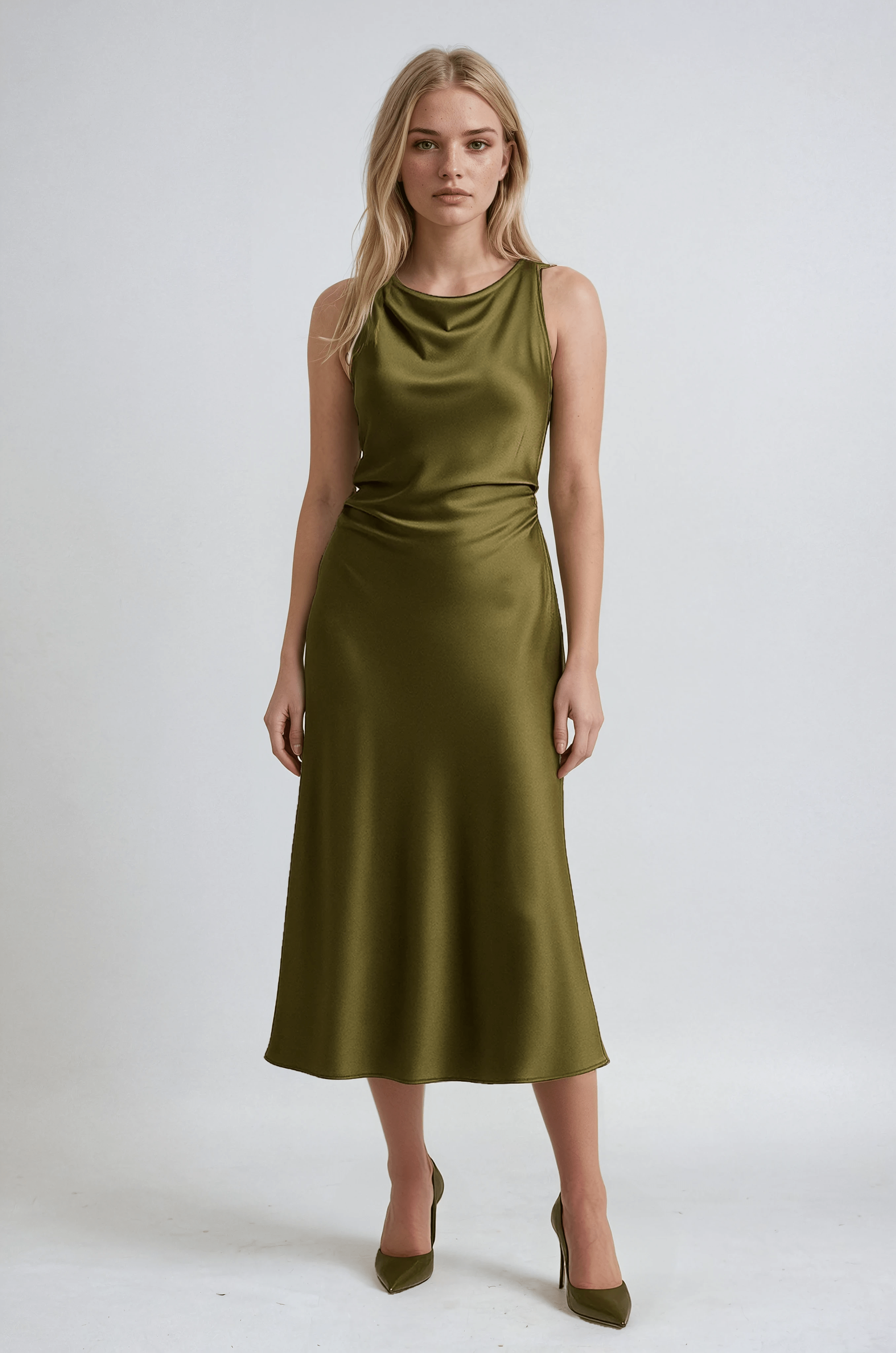 Jurken : Ella Dames Satijnen Zomerjurk - Elegante Olijfgroene Satijnjurk voor de Zomer in van Vanda Liamo