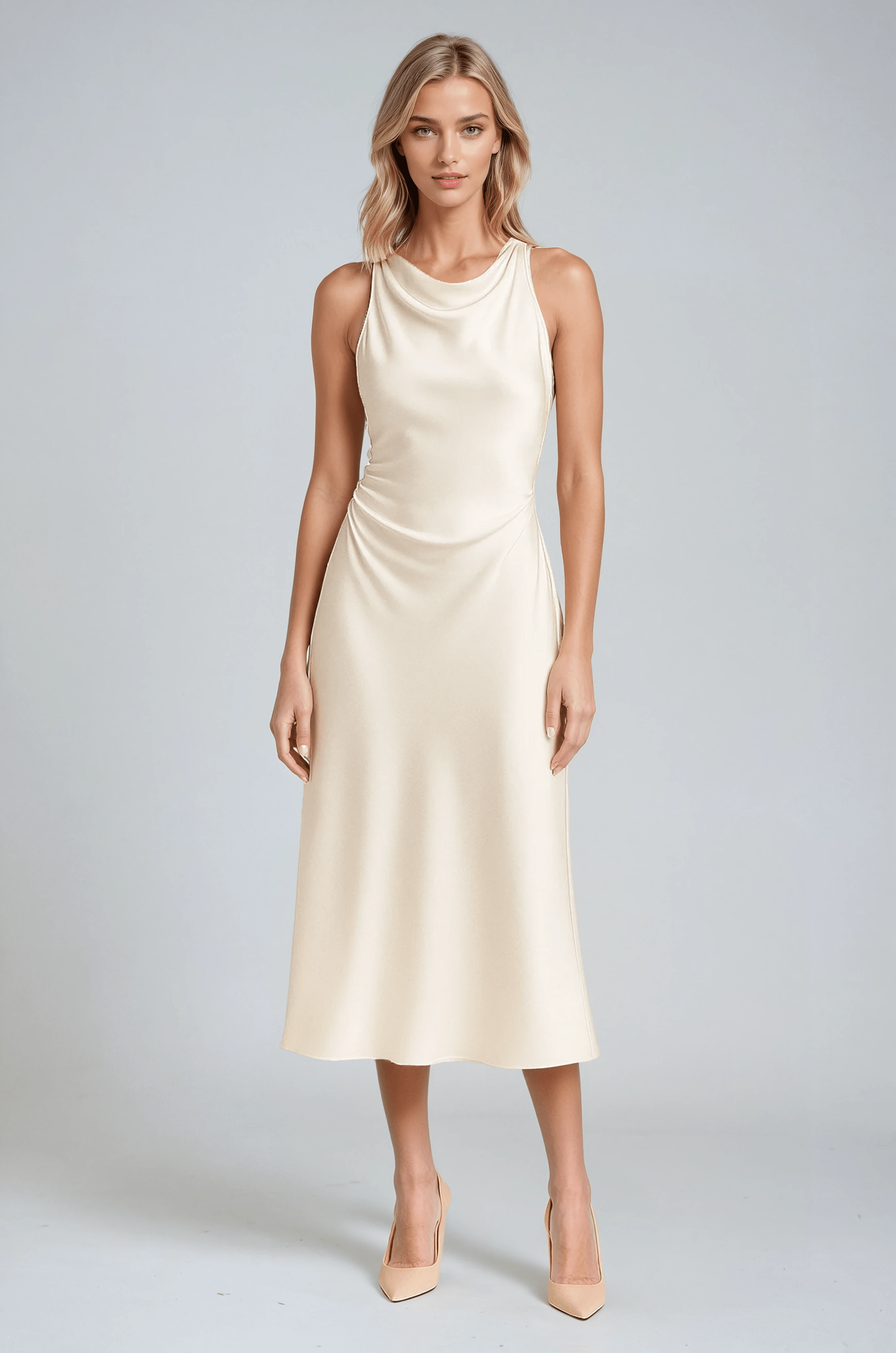 Jurken : Ella Dames Satijn Zomerjurk - Elegante Beige Stijl voor de Zomer in van Vanda Liamo