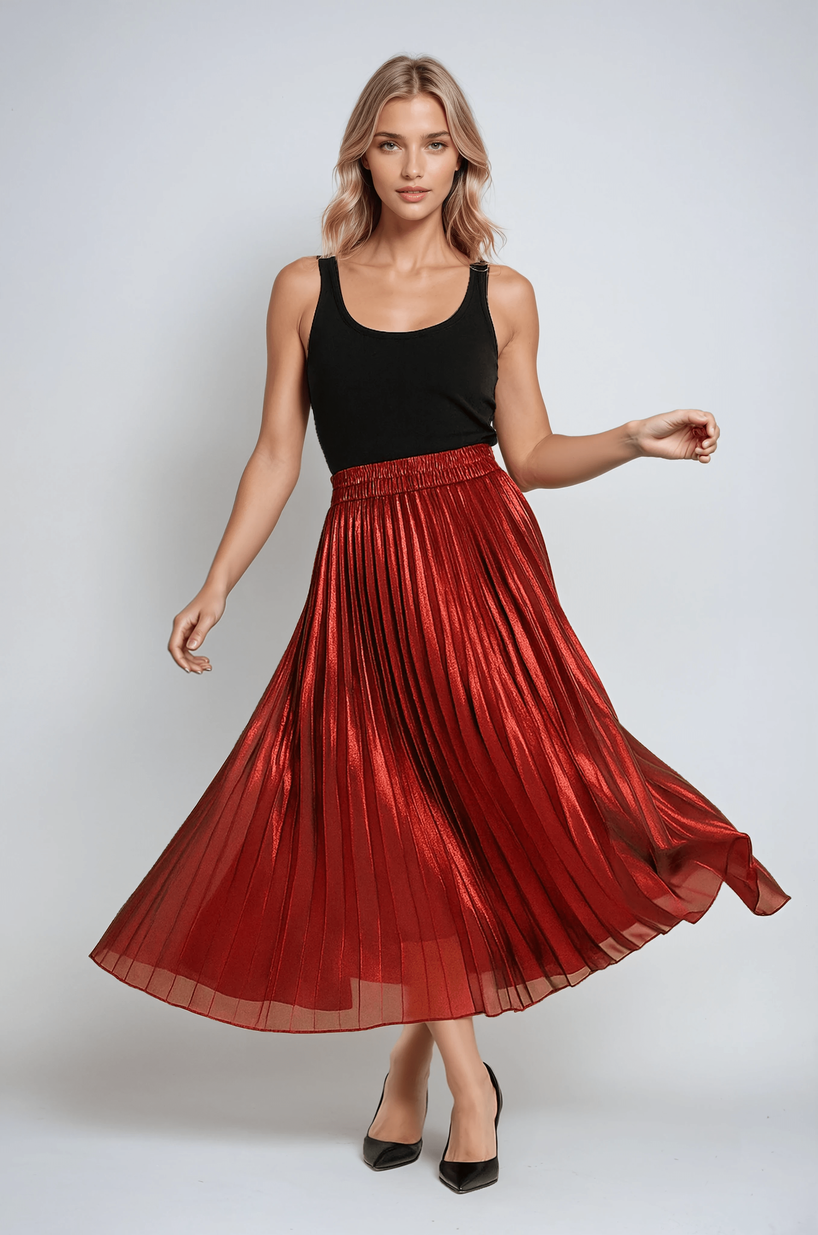 Damesrokken : Vrouwen Plissé Lange Rok Rood - Elegante Plissé Rok voor een Stijlvolle Look in van Vanda Liamo