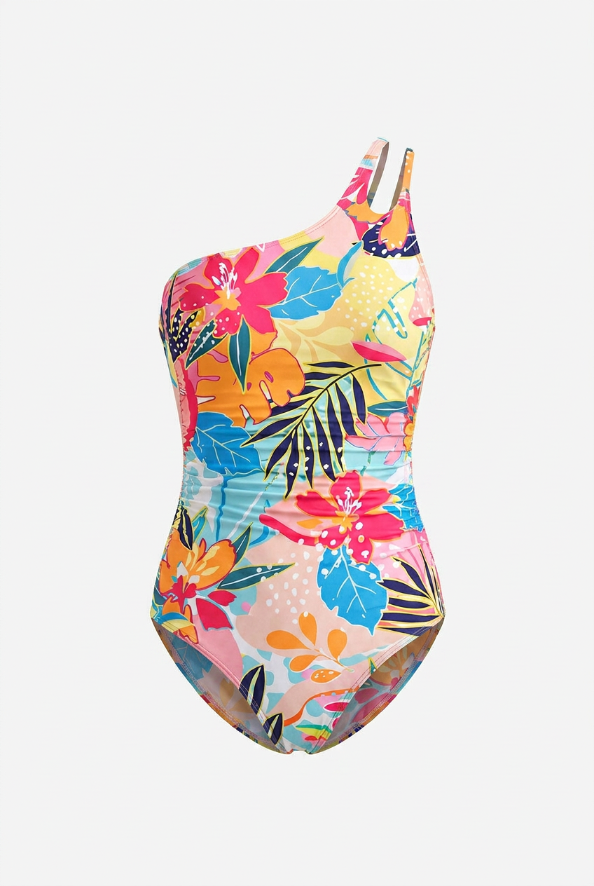 Asymmetric Floral One-Piece – Vibrant Tropical Blossom Swimsuit