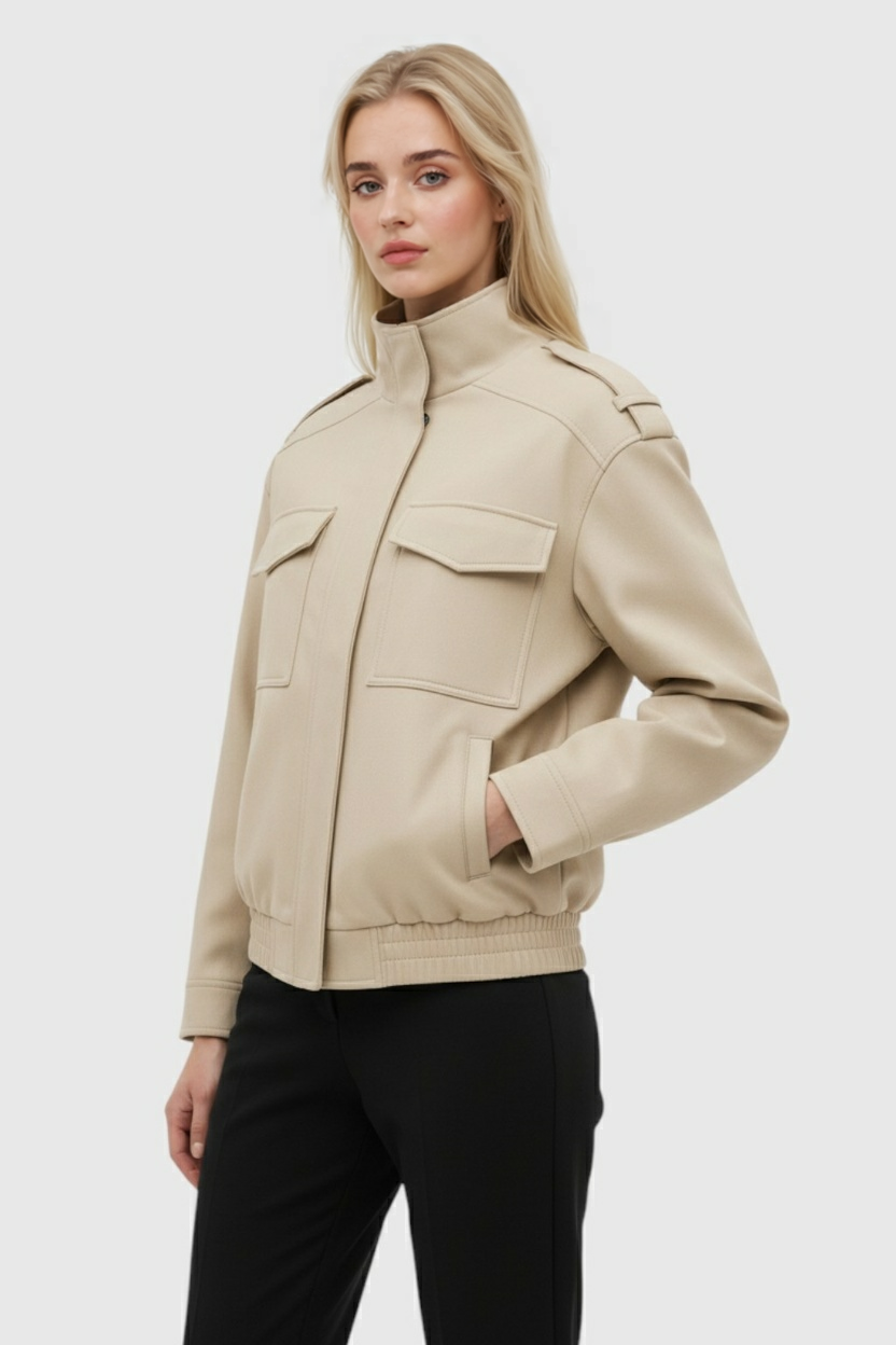 Beige Bomberjack met Opstaande Kraag