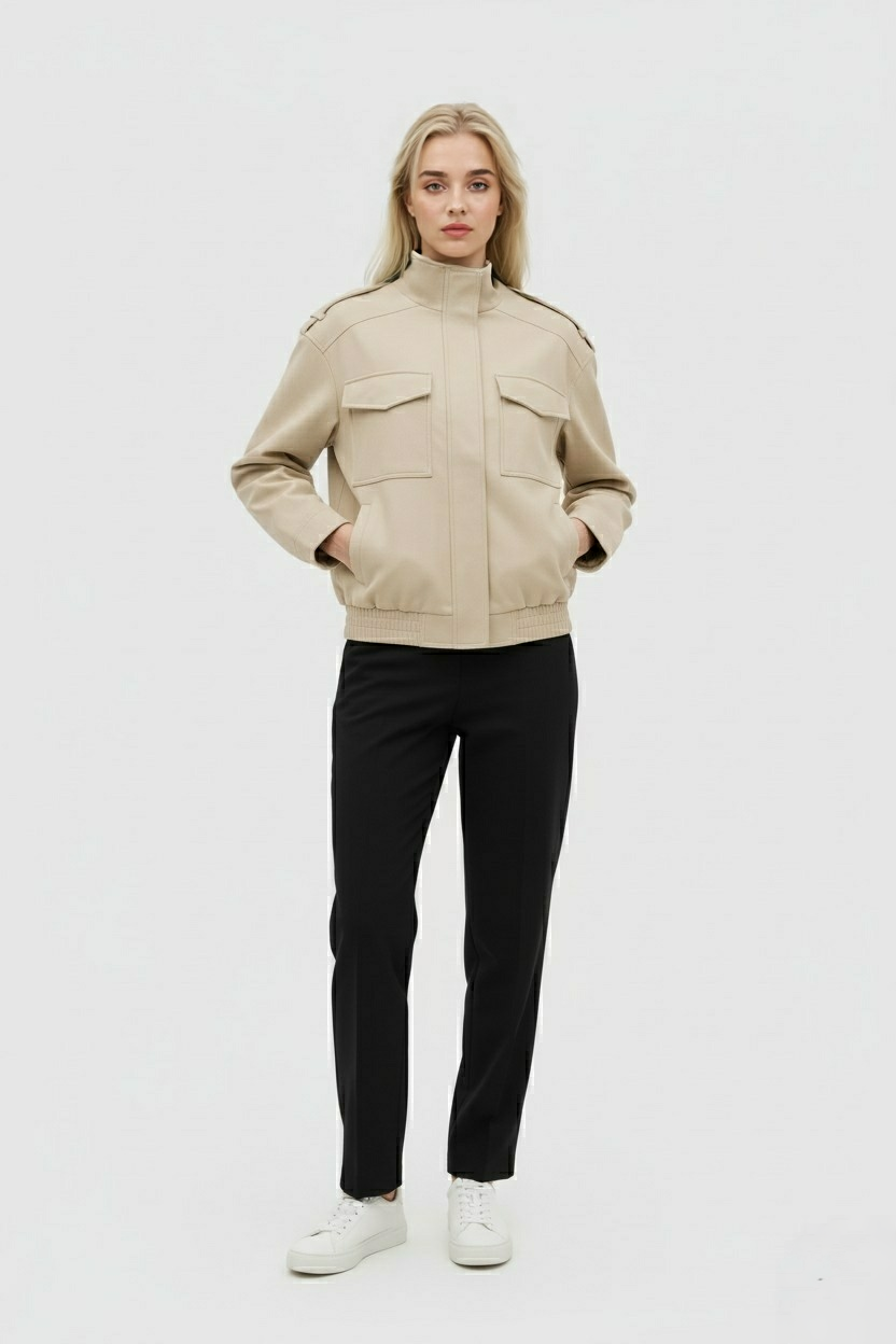 Beige Bomberjack met Opstaande Kraag