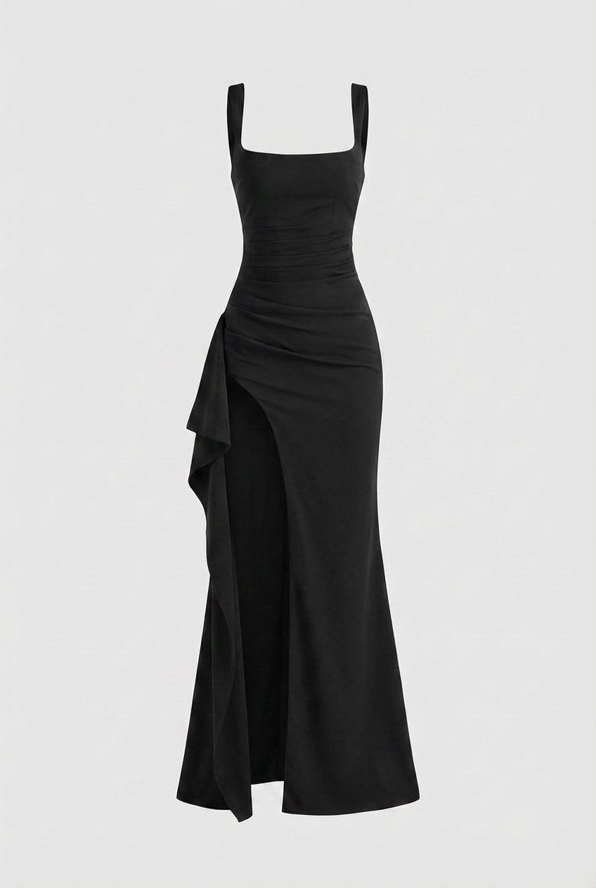 Black Square Neck Dress with Slit - Classic Slimming Fit