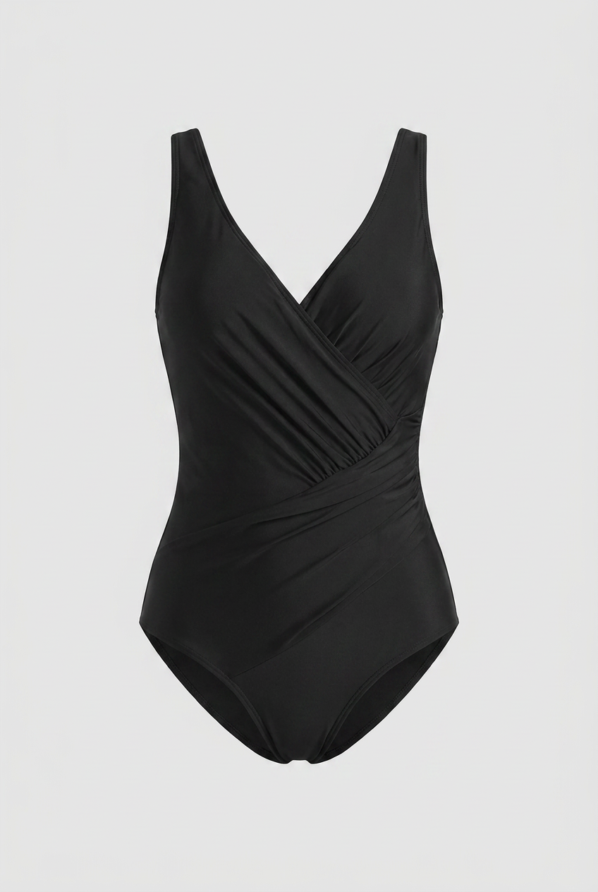 Black Tummy Control One-Piece Swimsuit - Slimming Ruched Wrap Design