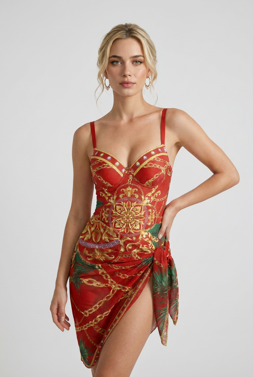 Bold Red Swimwear with Skirt for Summer