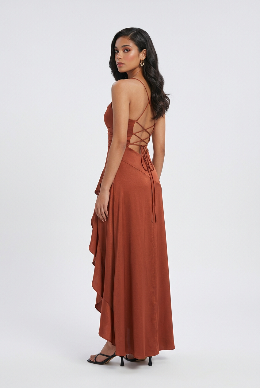Brick Red Maxi Dress with Lace-Up Back