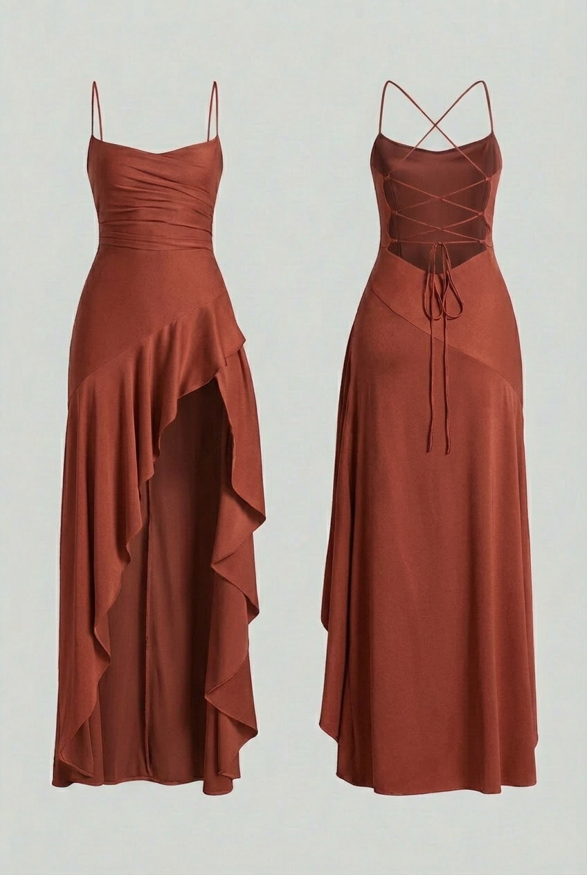 Brick Red Maxi Dress with Lace-Up Back