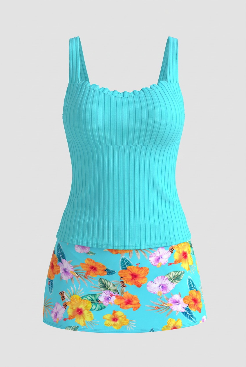 Bright Cyan Tropical Flower Tankini – Summer Beachwear with Orange & Yellow Hibiscus