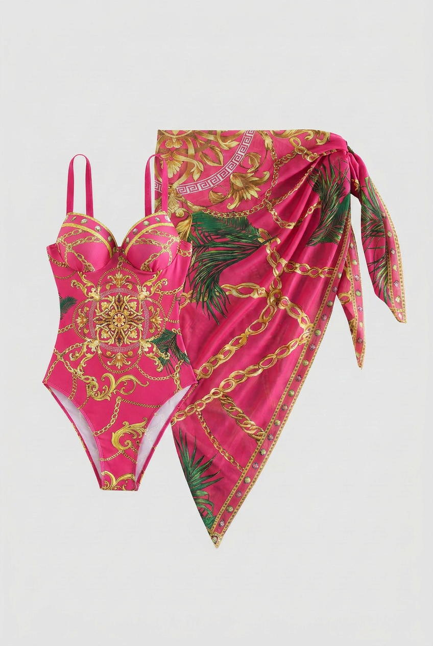 Bright Pink Push Up Swimsuit with Beach Cover Up Skirt