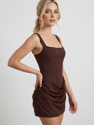 Brown Draped Hourglass Mini Dress - Chic Mocha Style for Cocktail Parties