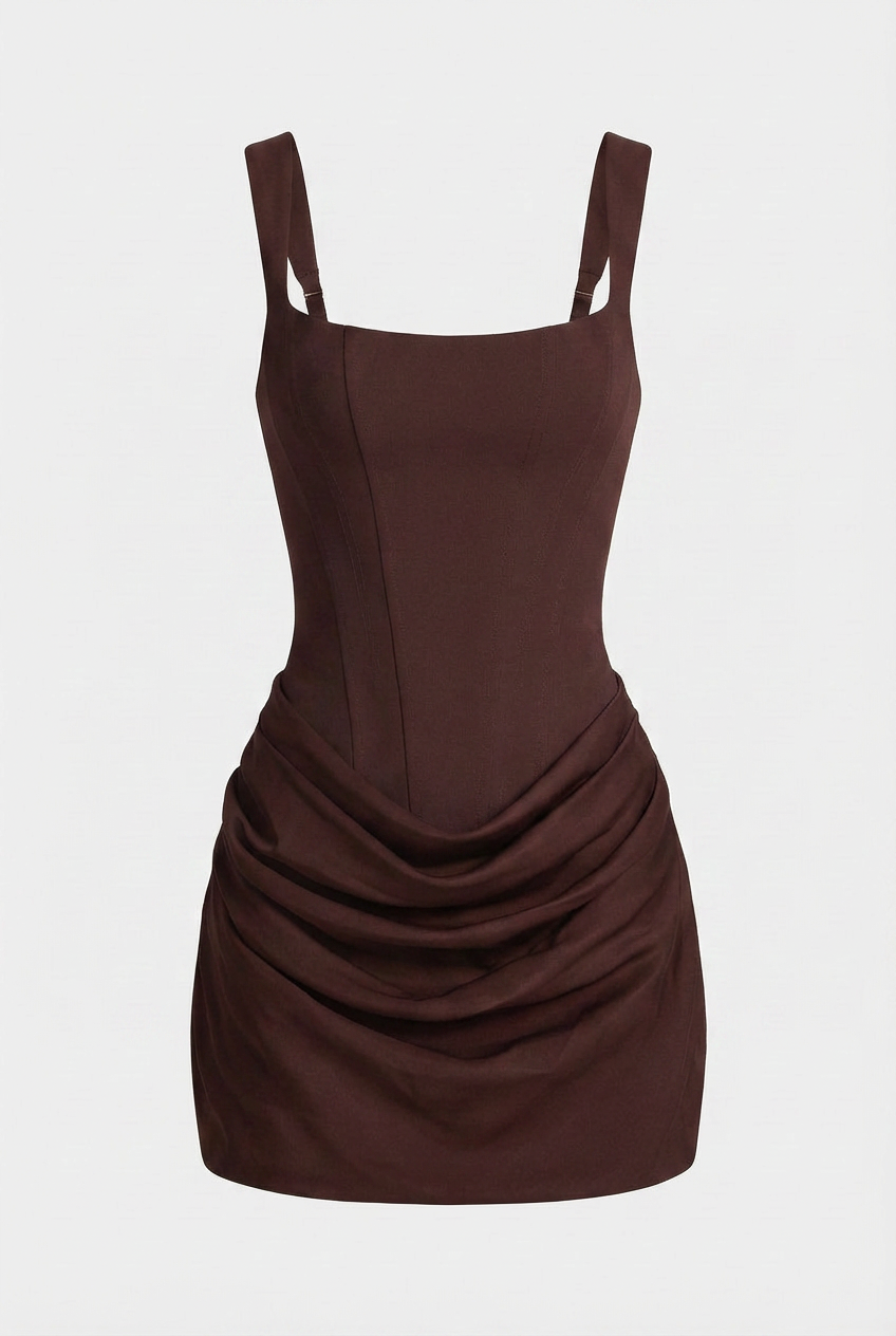 Brown Draped Hourglass Mini Dress - Chic Mocha Style for Cocktail Parties Brown Draped Hourglass Mini Dress - Chic Mocha Style for Cocktail Parties