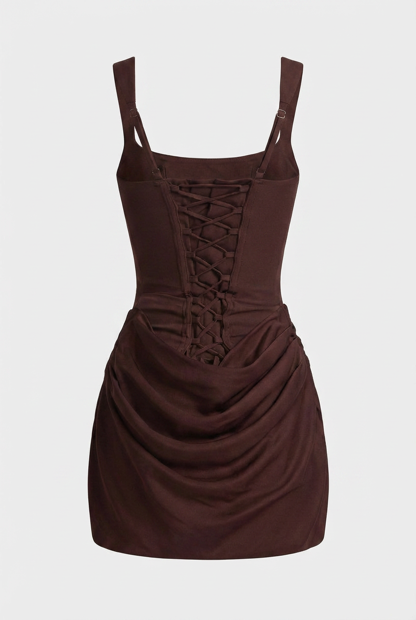 Brown Draped Hourglass Mini Dress - Chic Mocha Style for Cocktail Parties