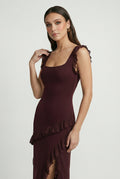 Brown Summer Maxi Dress - Sexy Open Back and High Slit