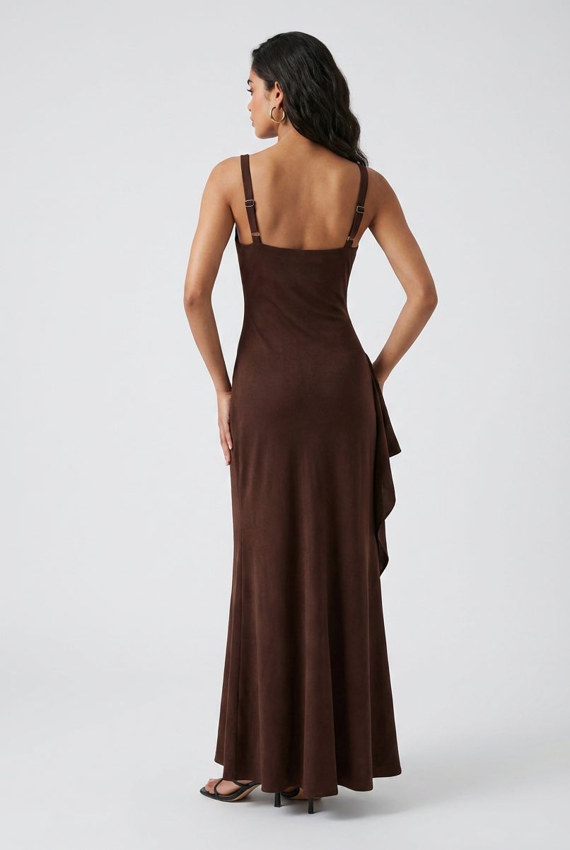 Dress : Women's Mocha Brown Square Neck Fit & Flare Midi Dress with Slit in van Vanda Liamo