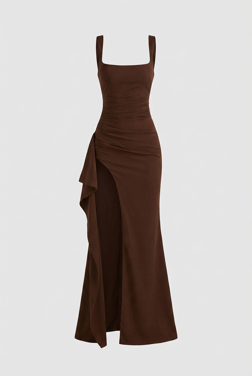 Women's Brown Mocha Square Neck Slit Midi Dress - Elegant Fit & Flare Style