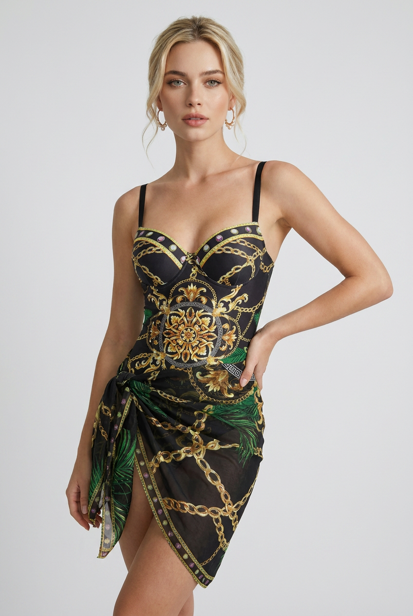 Classic Black Baroque Swimwear with Matching Beach Skirt