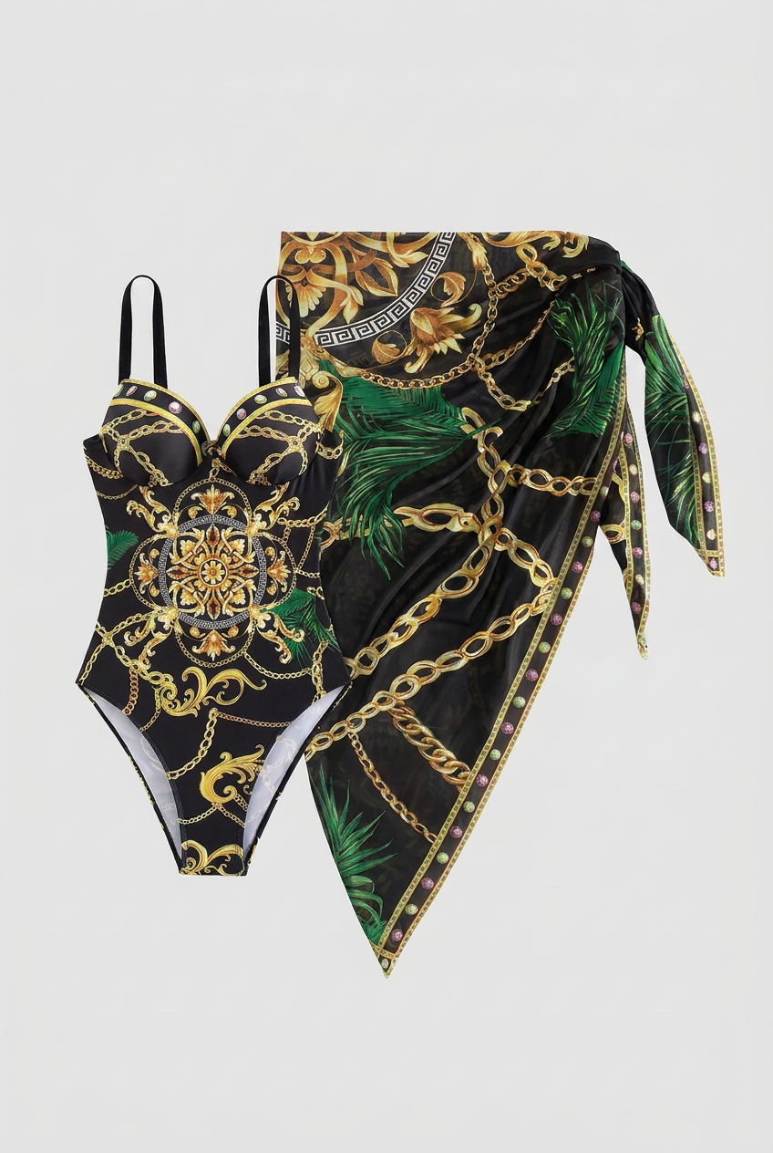 Classic Black Baroque Swimwear with Matching Beach Skirt