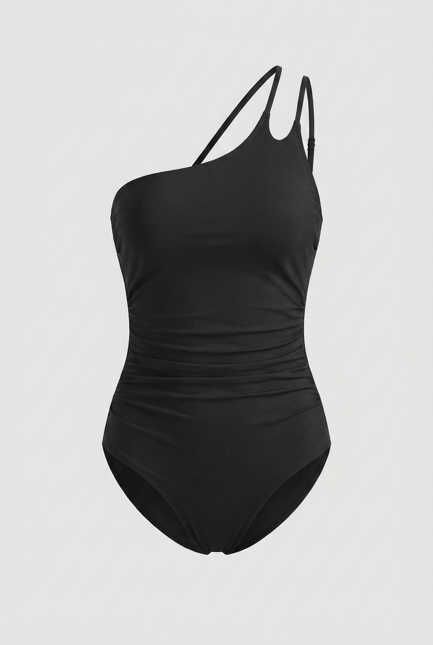 Classic Black One-Shoulder Swimsuit – Adjustable Ruched Bodysuit