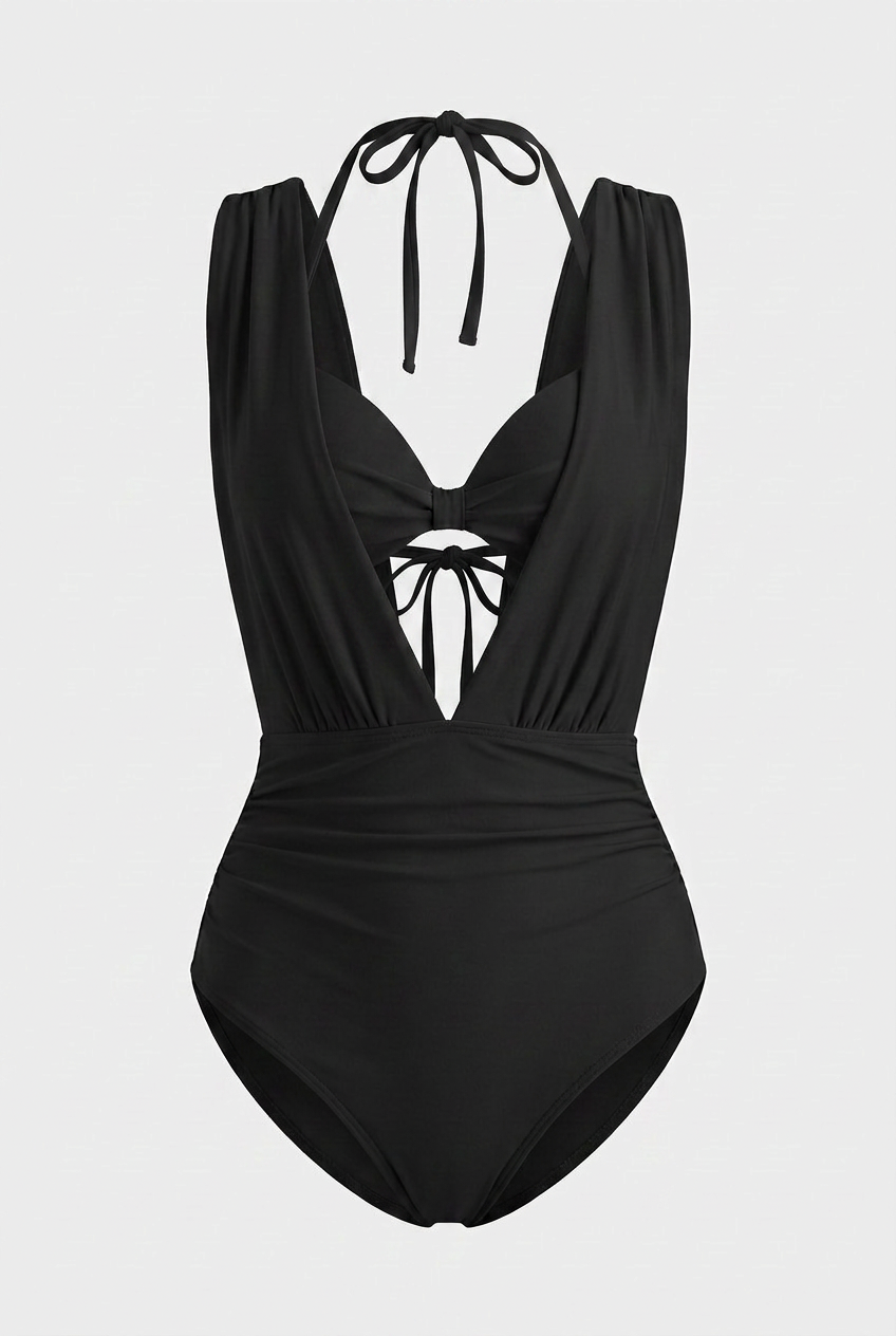 Classic Black Plunge Halter Swimsuit – Slimming Deep V-Neck One-Piece