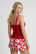 Classic Hibiscus Tankini Set – Bright Red 2-Piece Swimsuit with Ruffled Top