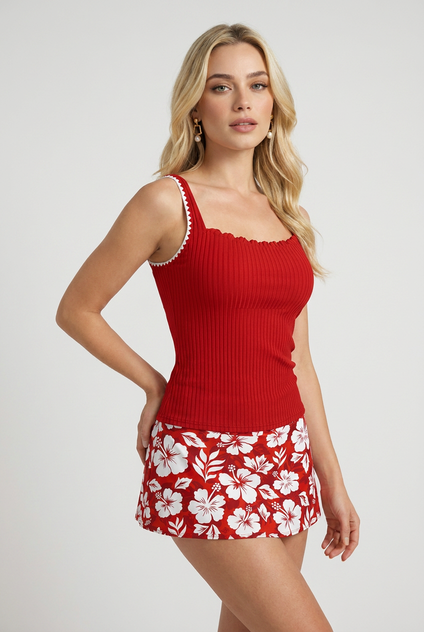 Classic Hibiscus Tankini Set – Bright Red 2-Piece Swimsuit with Ruffled Top